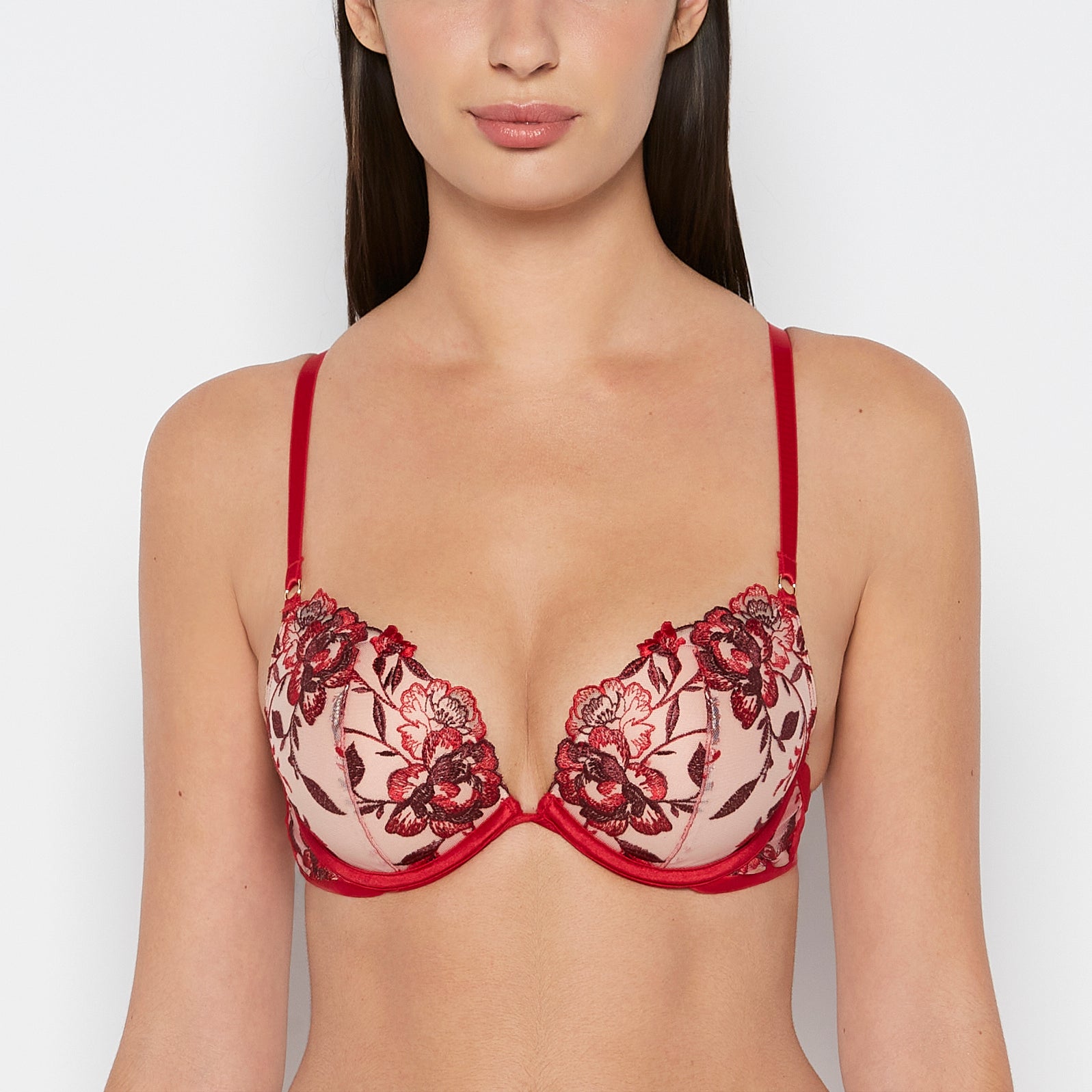 La Senza Plunge Push Up Bra in Evening Blush with Crimson and Russian Ruby