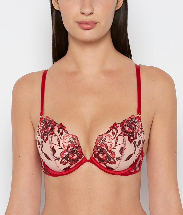 La Senza Plunge Push Up Bra in Evening Blush with Crimson and Russian Ruby