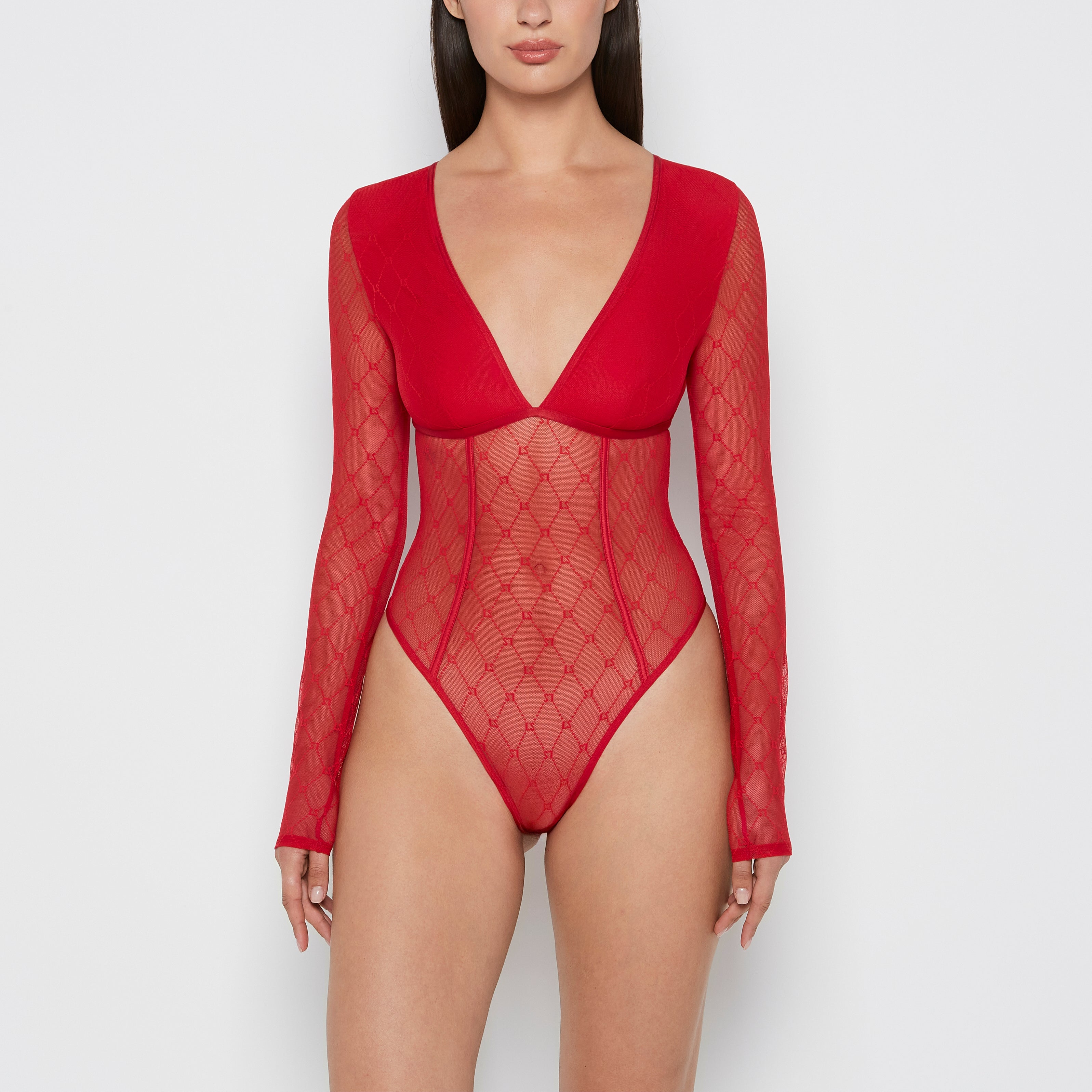 La Senza Long Sleeve Mesh Bodysuit in Crimson