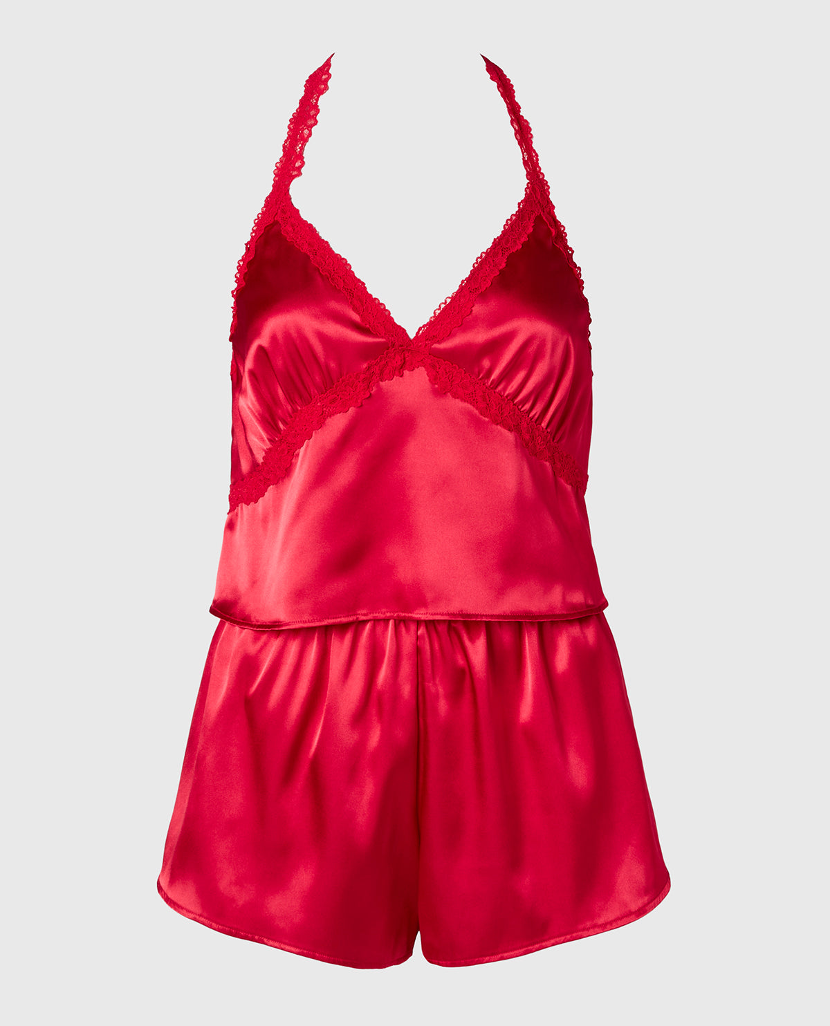 La Senza Satin PJ Set With Wicked Lace Trim in Crimson