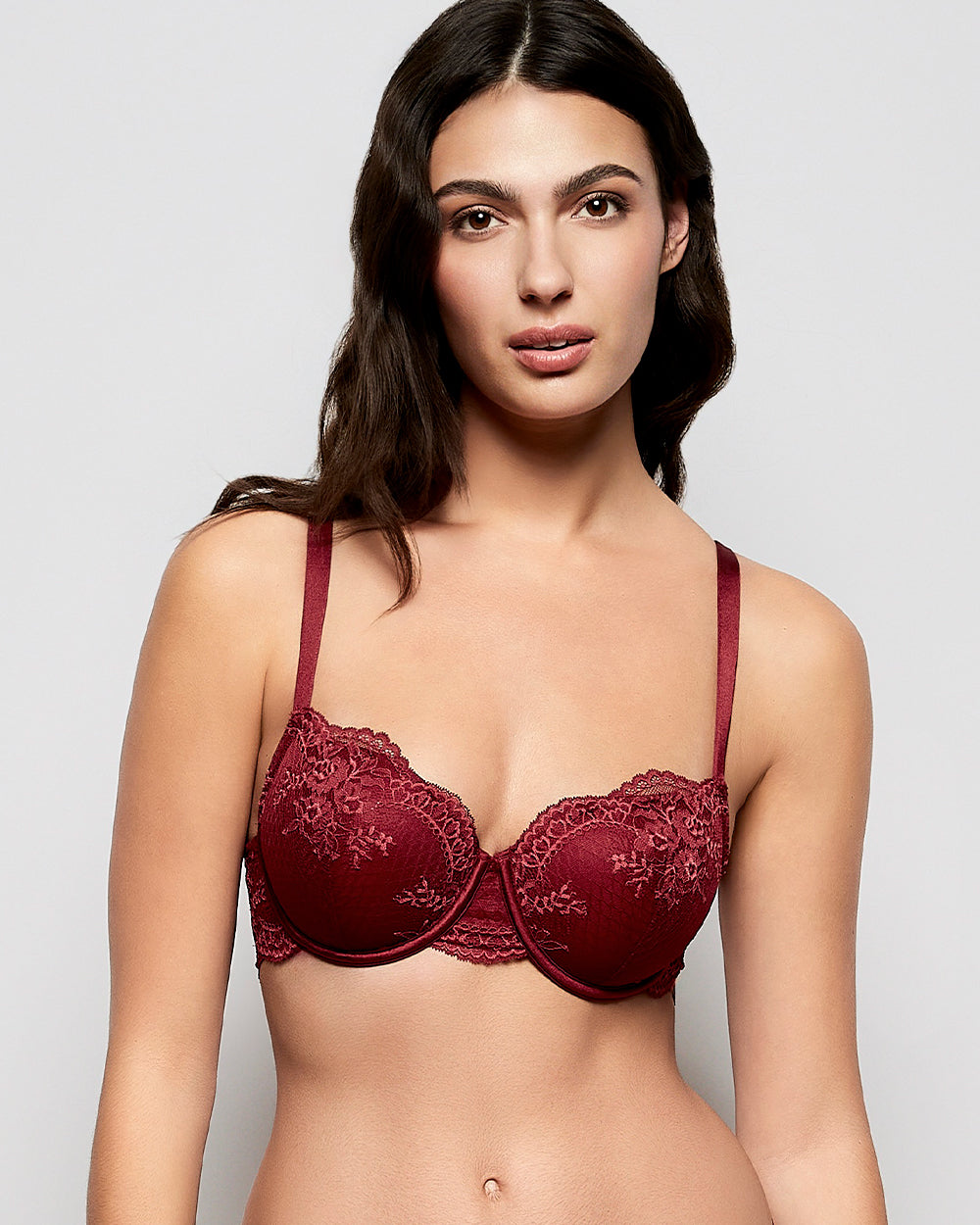 La Senza Allover Lace Lightly Lined Balconette Bra in Opulent Red