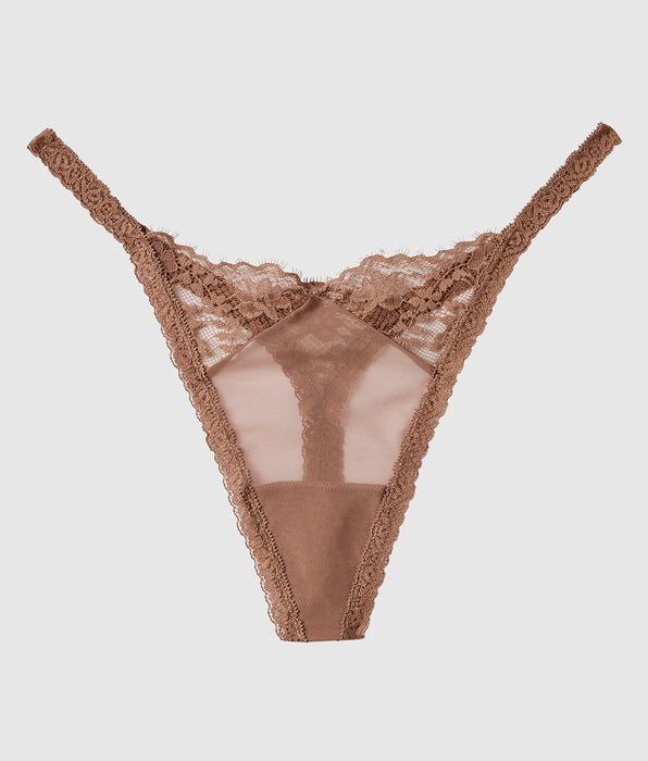 La Senza Lace High Leg Thong Panty in Chocolate Mousse