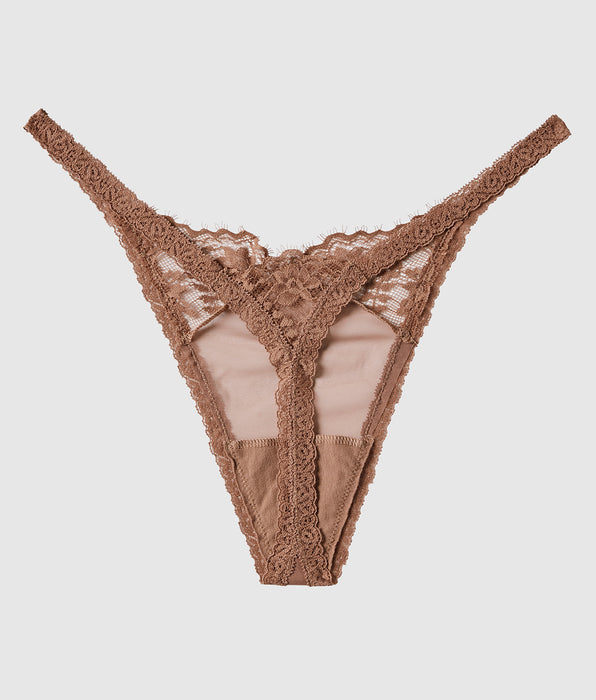 La Senza Lace High Leg Thong Panty in Chocolate Mousse