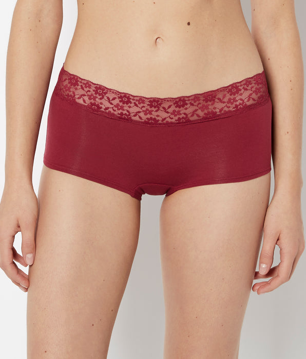 La Senza Boyshort Cotton Panty With Lace Trim in Plum Rose