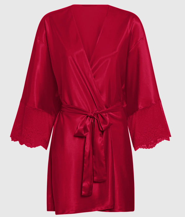 La Senza Satin Robe with Lace Trim Sleeve in Cosmo Red