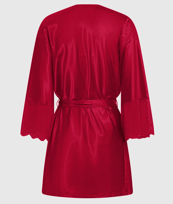 La Senza Satin Robe with Lace Trim Sleeve in Cosmo Red