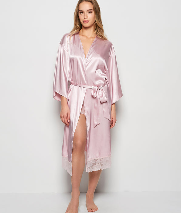 La Senza Satin Mid Length Robe with Lace in Iced Lilac