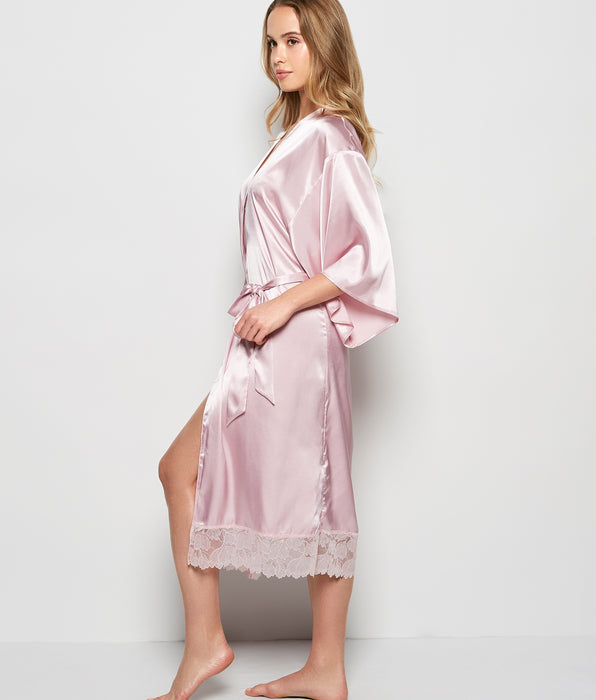 La Senza Satin Mid Length Robe with Lace in Iced Lilac