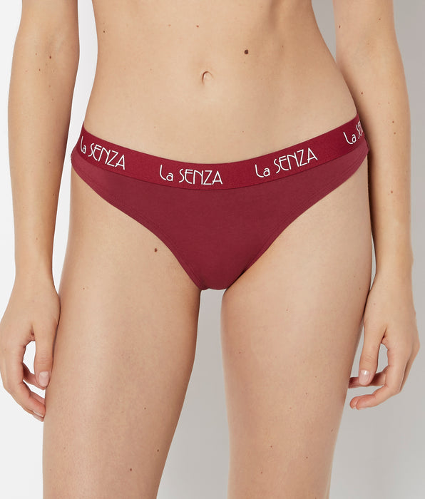 La Senza Thong Cotton Panty with Art Deco Logo Band in Plum Rose