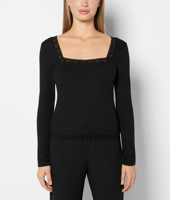 La Senza Casual Sleep Ribbed Long Sleeve Top With Lace Trim in Tuxedo Black