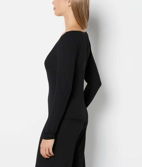 La Senza Casual Sleep Ribbed Long Sleeve Top With Lace Trim in Tuxedo Black