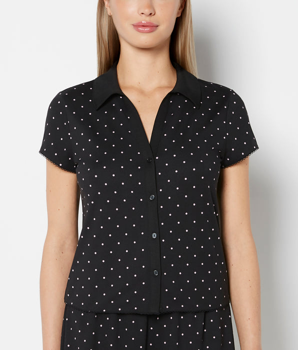 La Senza Casual Sleep Jersey Button Up Short Sleeve Top with Picot Trim in Tiny Dot