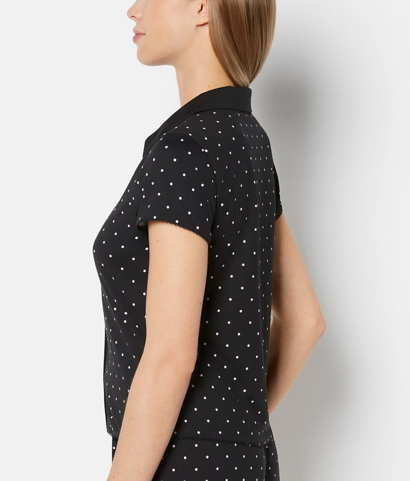 La Senza Casual Sleep Jersey Button Up Short Sleeve Top with Picot Trim in Tiny Dot