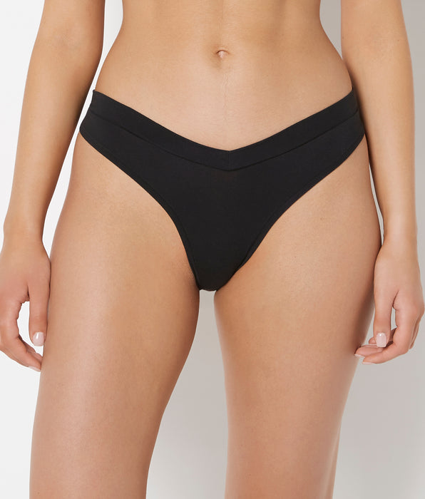La Senza Wide Waist Cotton Thong In Tuxedo Black