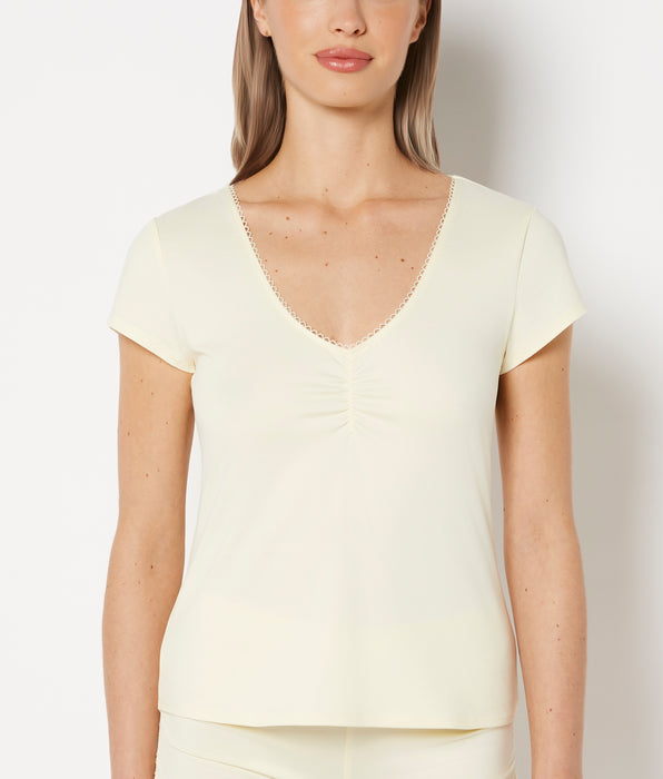 La Senza Casual Sleep Jersey V Neck Top With Picot Trim in Lemon Icing