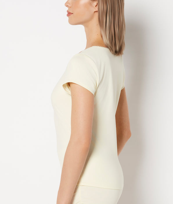 La Senza Casual Sleep Jersey V Neck Top With Picot Trim in Lemon Icing