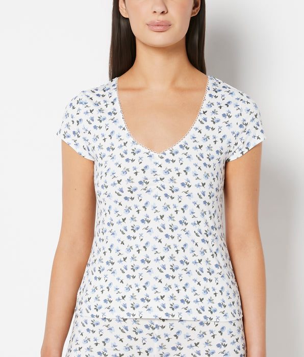 La Senza Casual Sleep Jersey V Neck Top With Picot Trim in Breezy Mid Floral