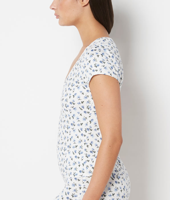 La Senza Casual Sleep Jersey V Neck Top With Picot Trim in Breezy Mid Floral
