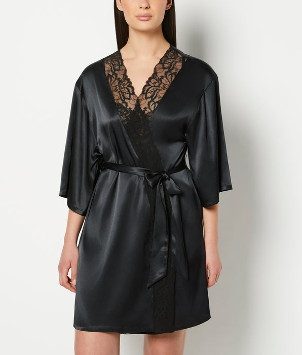 La Senza Satin Robe with Lush Lace Trim in Tuxedo Black