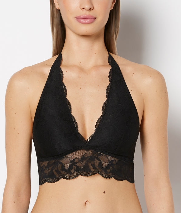 La Senza Unlined Halter Bralette with Charmed Lace in Tuxedo Black