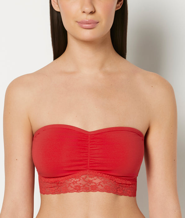 La Senza Unlined Bandeau Bralette with Essential Lace Trim in Chili Red
