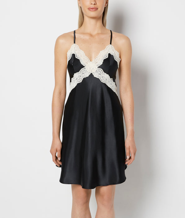 La Senza Satin Slip with Timeless Lace Trim in Tuxedo Black