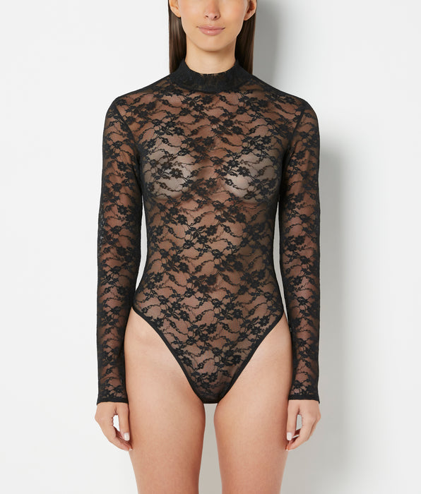 La Senza Unlined Long Sleeve Bodysuit with Enchanted Lace in Tuxedo Black