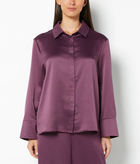 La Senza Casual Sleep Hammered Satin Button Down Top in Blackberry Wine